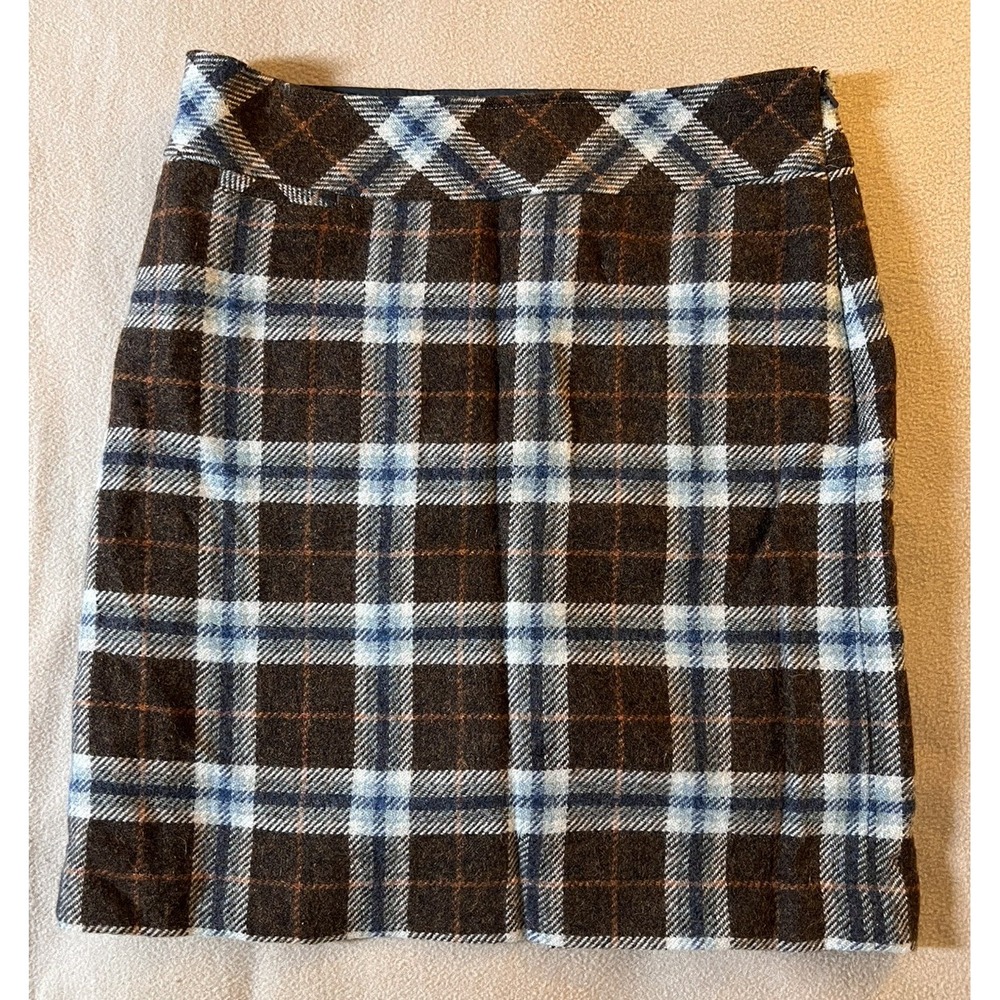L.L.Bean Wool Plaid Skirt Women's 10 Petite Brown Blue Dark Academia Pencil